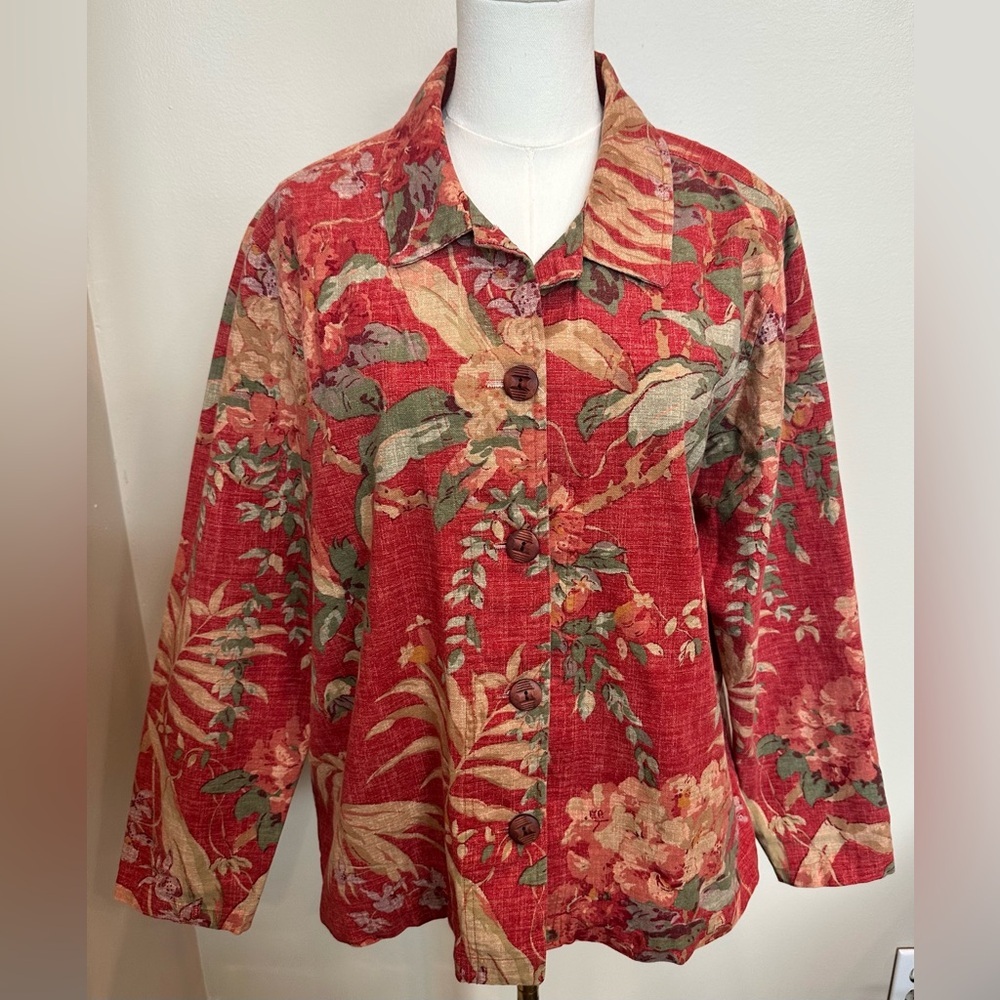 VTG Coldwater Creek Floral Twill Jacket Blouse 100% Cotton Large